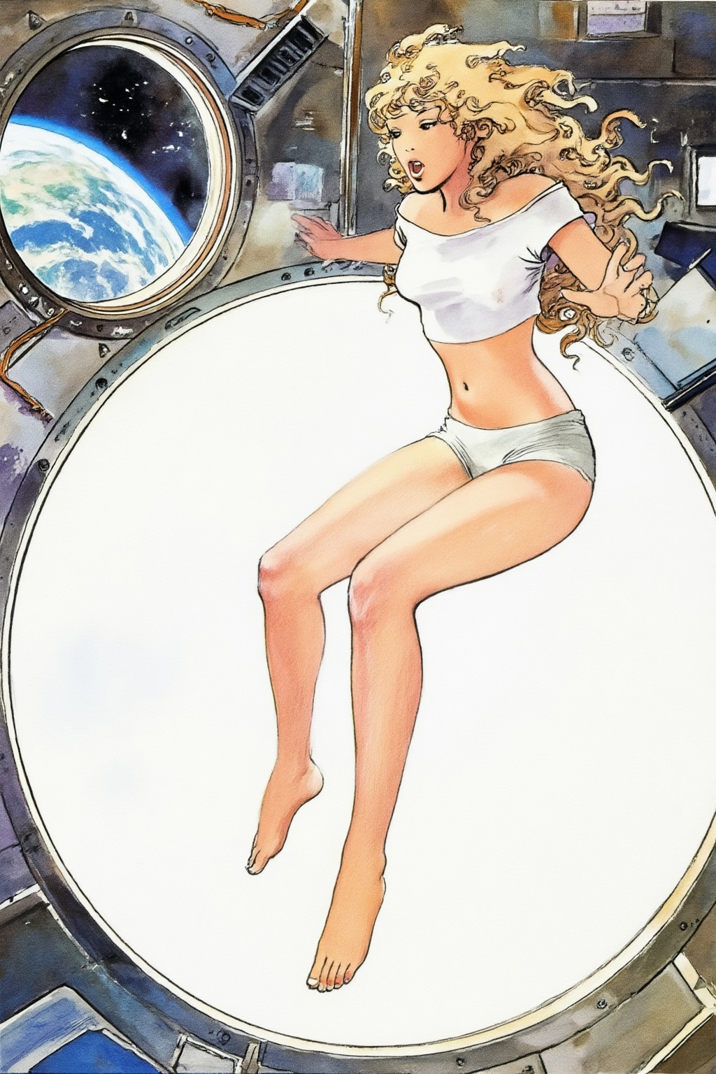 milomanara8z25 illustration.  
Blonde woman with curly long hair is floating weightless inside a space station with a large porthole. She is wearing white crop top and short shorts and barefoot, and looking outside towards earth with an surprised expression with her mouth slightly open.