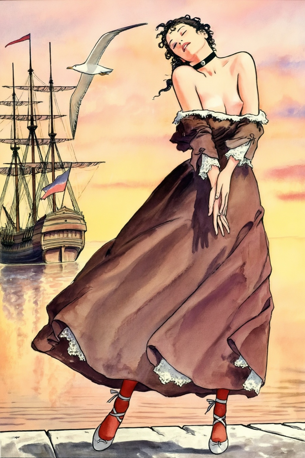 milomanara8z25 illustration.  
Woman with dark, curly hair tied back and a black choker stands on a dock, her body angled to the right, head tilted back, and eyes closed. She wears an off-the-shoulder brown dress with white lace trim, red stockings, and light grey ballet slippers tied at the ankles. Her arms are down with hands loosely clasped. In the background on the left, two large sailing ships with masts and sails are visible on the water, while a seagull flies across the warm-toned sky, suggesting a sunrise or sunset.