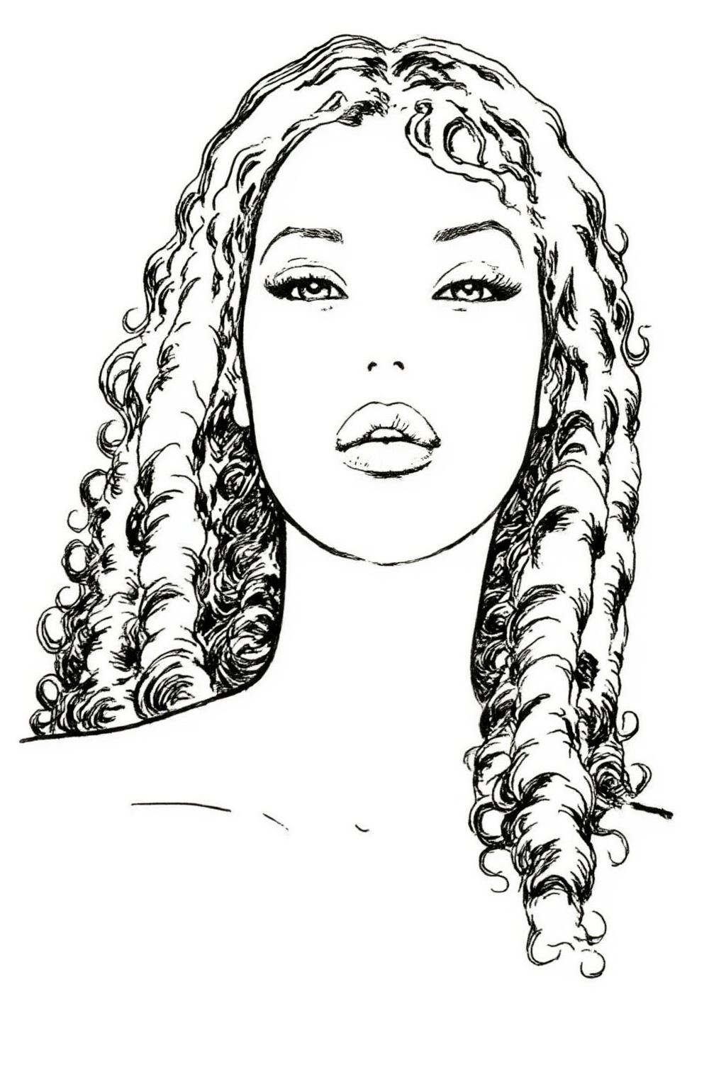 milomanara8z25 illustration.  
Monochrome line drawing of a woman with long, voluminous curly hair, looking directly forward. The abundant curls cascade around her face and over her visible bare shoulders. The background is plain white.