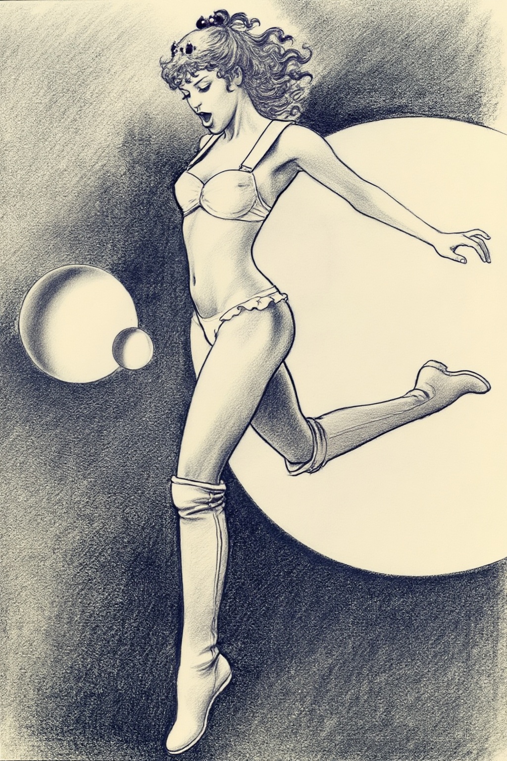 milomanara8z25 illustration.  
Monochrome pencil drawing of a woman shown in 3/4 view, with curly dark hair tied up, adorned with small dark ornaments. She is depicted in a dynamic leaping pose. She wears a light-colored, bra-like top with wide straps and high-waisted ruffled briefs, along with knee-high light-colored soft boots. Her mouth is open, and she looks downward with a focused expression. Her arms are spread. The background is dark and textured, featuring two large, smooth, planetary objects to her left, and another larger light circle behind her on the right.