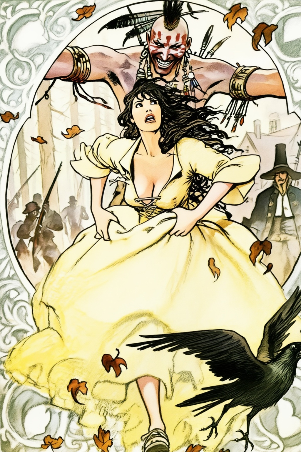 milomanara8z25 illustration.  
A dark-haired woman, with her long, wavy hair flowing, runs in the foreground, looking up with a wide-eyed expression of fear, her mouth open. She wears a yellow, low-cut dress with puffed sleeves and a laced bodice, her hands clutching at her billowy skirt. Behind her, a menacing Native American man with red markings on his face, a dark mohawk, and elaborate armbands and necklaces grins widely, his arms spread as he looms over her. To the right of the woman's feet, a large black crow with spread wings appears to be flying away. In the background, to the left, are silhouetted figures of men with rifles in a wooded area, while to the right, a colonial man in a dark pilgrim's hat and coat stands near buildings. Brown fallen leaves are scattered across the scene, which is framed by an ornate, light-colored border.