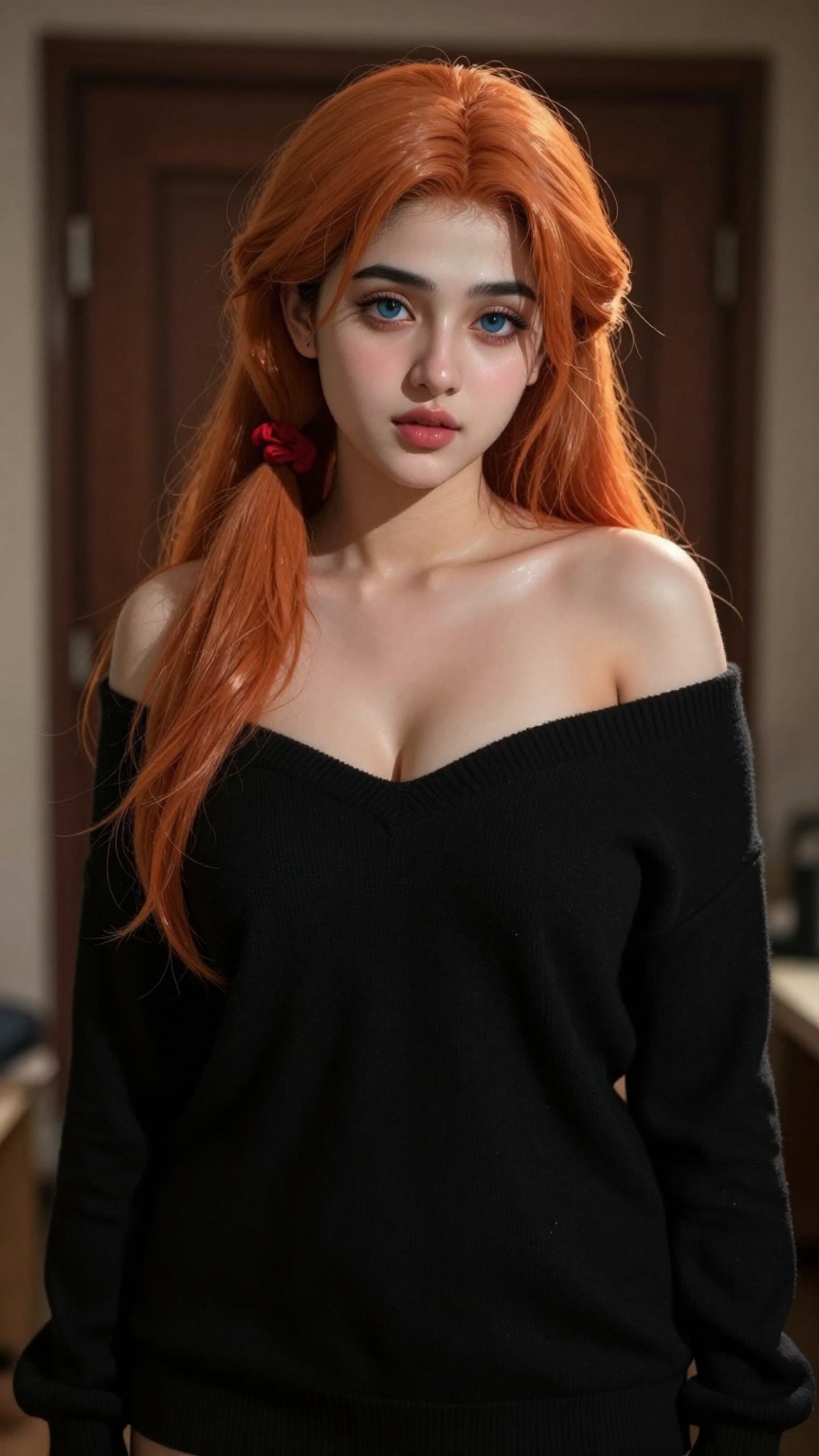 A digital illustration of a young south Asian woman with pale skin and long flowing orange hair styled in a side ponytail...