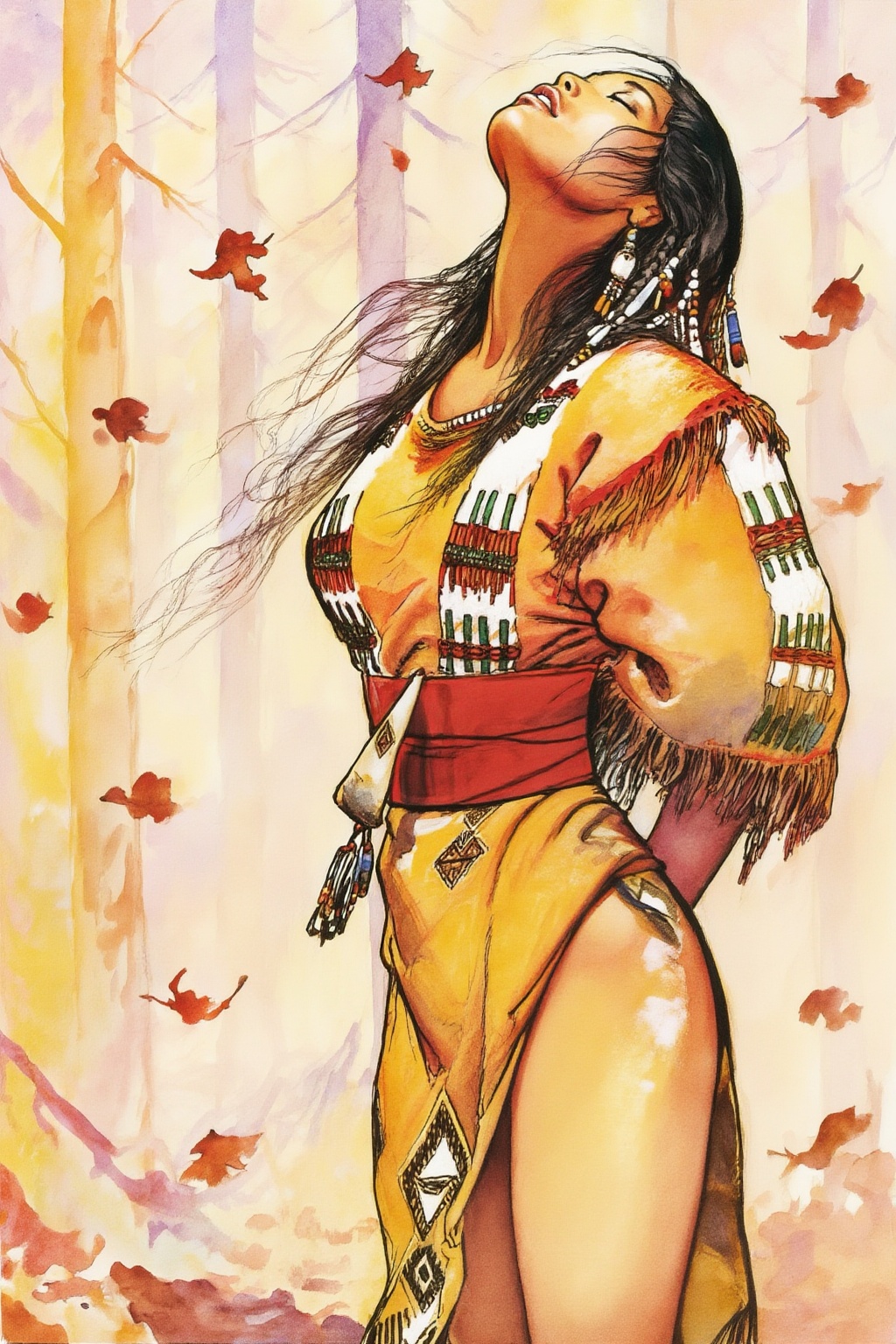 milomanara8z20 illustration.  
A Native American woman with long, dark hair, partially styled with braids and decorative beads, tilts her head back with her eyes closed, looking upwards. Her hair flows around her as she faces away from the camera. She wears a yellow-orange tunic with a patterned white, red, and green trim along the neckline and sleeves, which are fringed. A broad red sash is wrapped around her waist, and another layer of yellow-orange clothing with a geometric pattern is visible below. The background is forest scene with tree trunks in muted shades of yellow, orange, and purple, with several reddish-brown leaves scattered or falling.