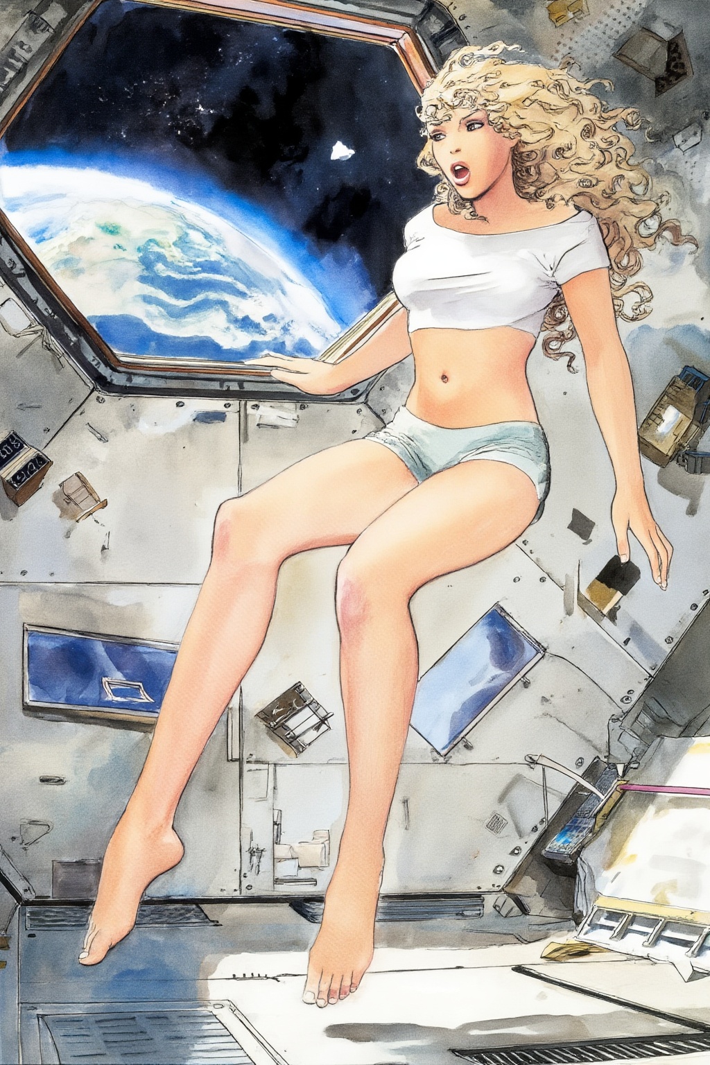 milomanara8z20 illustration.  
Blonde woman with curly long hair is floating weightless inside a space station with a large porthole. She is wearing white crop top and short shorts and barefoot, and looking outside towards earth with an surprised expression with her mouth slightly open.
