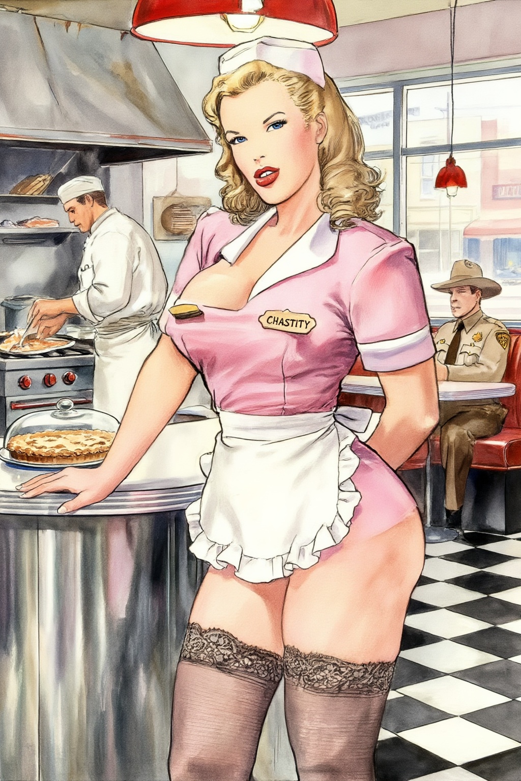 milomanara8z20 illustration.  
In a bright retro diner, a voluptuous blonde woman with wavy shoulder-length hair in 1950s vintage style and blue eyes stands behind a stainless steel counter. She wears a short pink waitress uniform with a white collar, a ruffled white apron, and a matching cap, paired with dark lace-topped stockings. She looks at the viewer with her body slightly angled, resting one hand on the counter near a glass-domed pie, and one hand behind her back. She wears a name tag that says "Chastity". On the left, a man in a white chef's uniform prepares food at a stove under a metal hood. In the background to the right, a man in a tan sheriff's uniform and hat sits at a booth. The setting includes a black and white checkered floor, red hanging lamps, and large windows showing a street. This eye-level medium shot captures the woman as the central figure, with the kitchen and dining area clearly visible in the background.