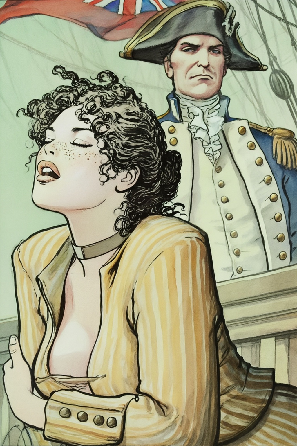 milomanara8z20 illustration.  
A scene on board a sailing ship featuring a woman with dark, curly hair in an updo and freckles on her face is depicted in the foreground, her head tilted back with her eyes closed and mouth slightly open. She wears a plain choker and a light yellow, vertically striped jacket with a deep V-neck, her arms crossed over her chest as she leans forward. Behind her and to the right, a man with a stern expression and a dark tricorn hat stands, looking off-camera. He is dressed in a light-colored 17th century military jacket with gold buttons and epaulets over a ruffled cravat. A Union Jack flag and ship rigging are faintly visible in the pale green background.