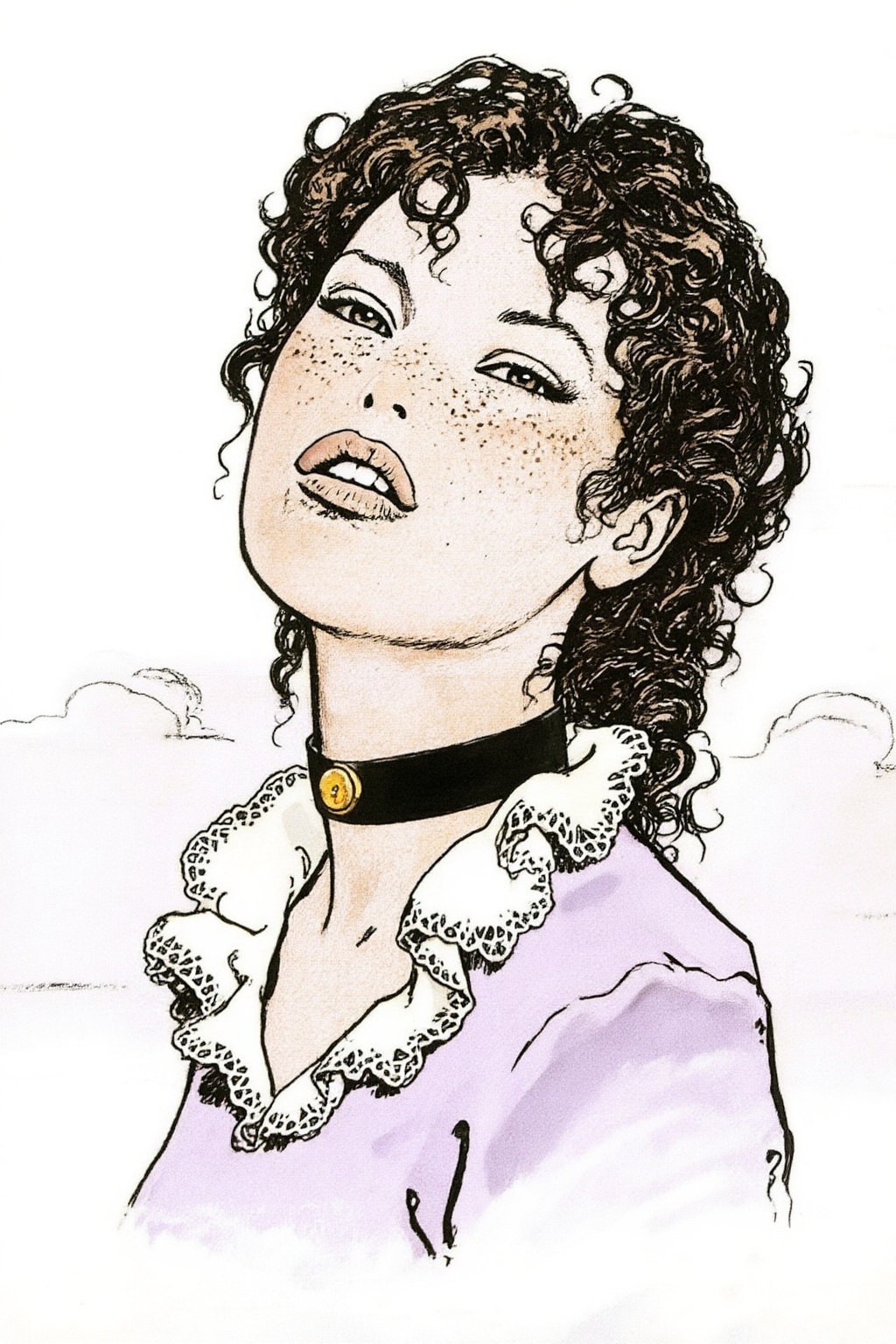 milomanara8z20 illustration.  
A woman with a face covered in freckles is depicted with her dark, curly hair framing her face. Her head is tilted back and to the left, and she looks upwards at the viewer with her lips slightly parted. She is wearing a black choker around her neck, which features a small, circular golden pendant. Her garment is a light purple top with a white, ruffled, and lacy trim around the neckline. The background is simple and white, with faint, sketchy lines that suggest distant clouds.