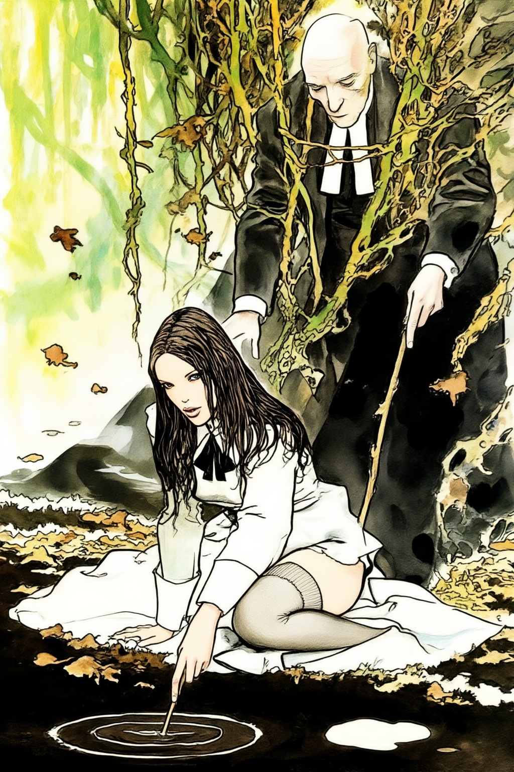 milomanara8z20 illustration.  
A woman with long, dark, flowing hair sits on the ground in the foreground, looking at the viewer. She wears a white dress with a black bow at the neck and grey thigh-high stockings, extending her right arm to dip a thin stick into a dark puddle, creating ripples. Behind her, an older, bald man in a dark suit with a white clerical collar looks down, largely obscured by dense, intertwining green and yellow foliage. He holds a stick in his right hand, reaching towards the woman. The scene is filled with twisted vines and scattered brown leaves on the dark ground, with bright light illuminating the setting from the left.