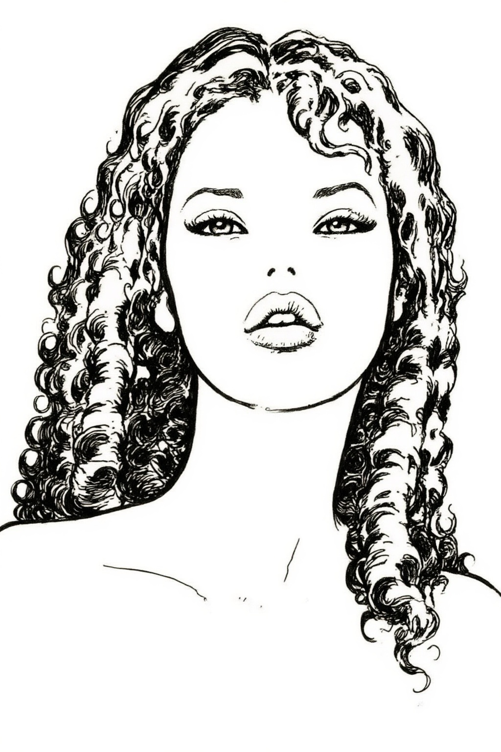 milomanara8z20 illustration.  
Monochrome line drawing of a woman with long, voluminous curly hair, looking directly forward. The abundant curls cascade around her face and over her visible bare shoulders. The background is plain white.