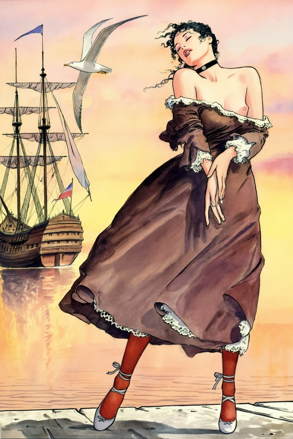 milomanara8z20 illustration.  
Woman with dark, curly hair tied back and a black choker stands on a dock, her body angled to the right, head tilted back, and eyes closed. She wears an off-the-shoulder brown dress with white lace trim, red stockings, and light grey ballet slippers tied at the ankles. Her arms are down with hands loosely clasped. In the background on the left, two large sailing ships with masts and sails are visible on the water, while a seagull flies across the warm-toned sky, suggesting a sunrise or sunset.