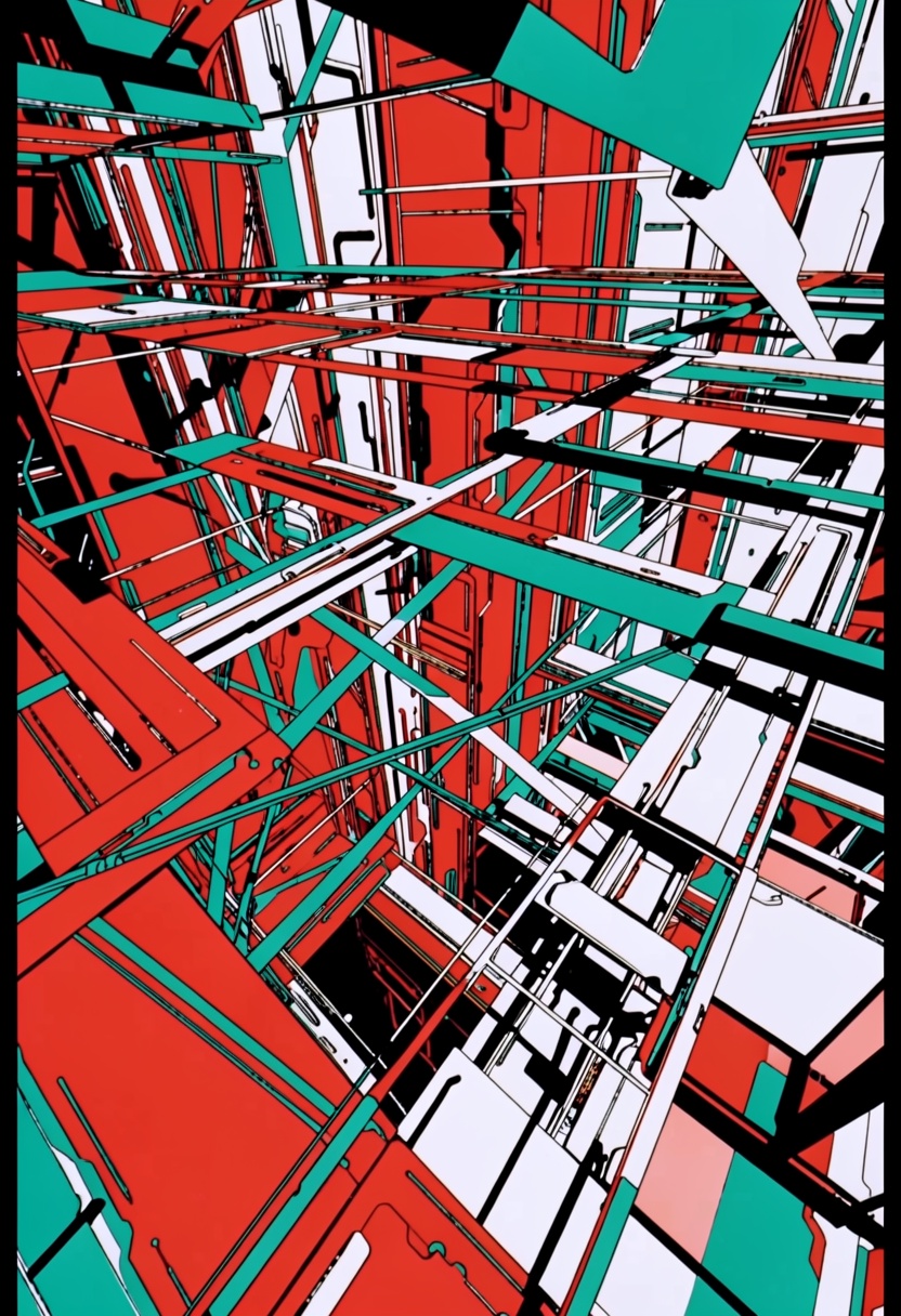 The image is a digital artwork featuring a futuristic,  abstract cityscape with a vibrant color palette. The scene is domi...
