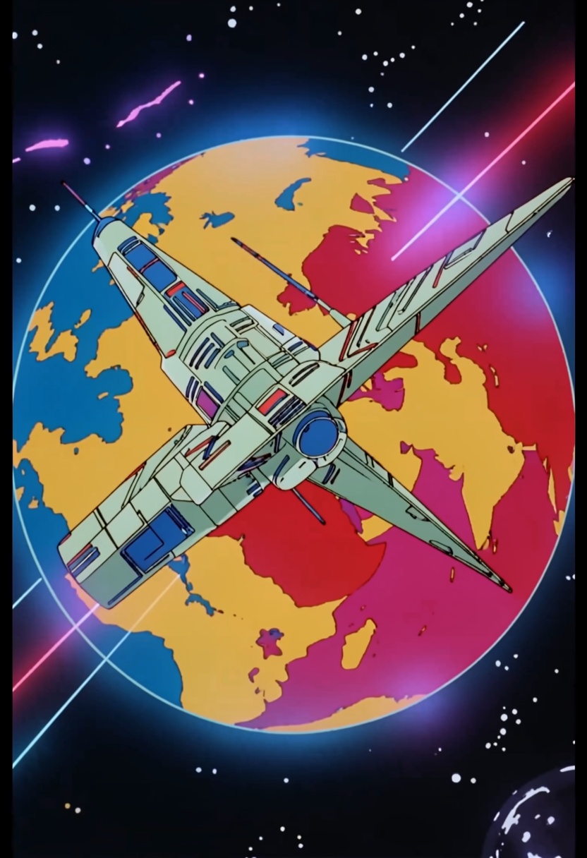 This is a science fiction safarieyes illustration with a surreal,  futuristic energy. A 1980s anime spacecraft is orbiting...