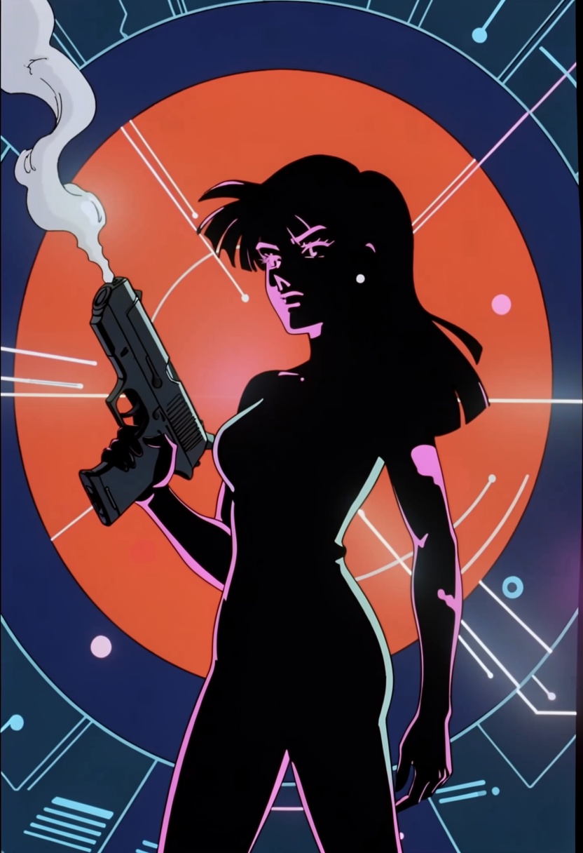 This is a science fiction digital drawing with a surreal,  futuristic energy. Flat colors and circles accentuate the silho...