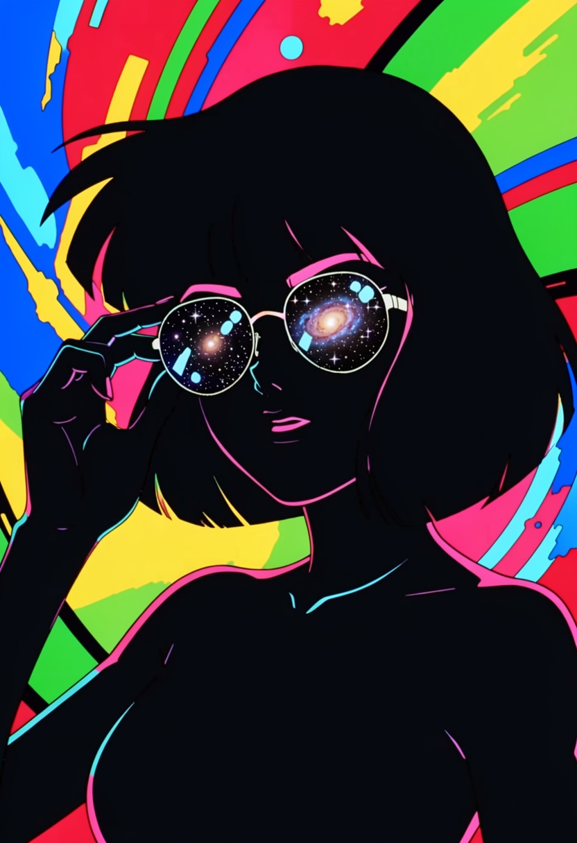 This is a science fiction digital drawing with a surreal,  futuristic energy. The silhouette of a 1980s anime safarieyes w...