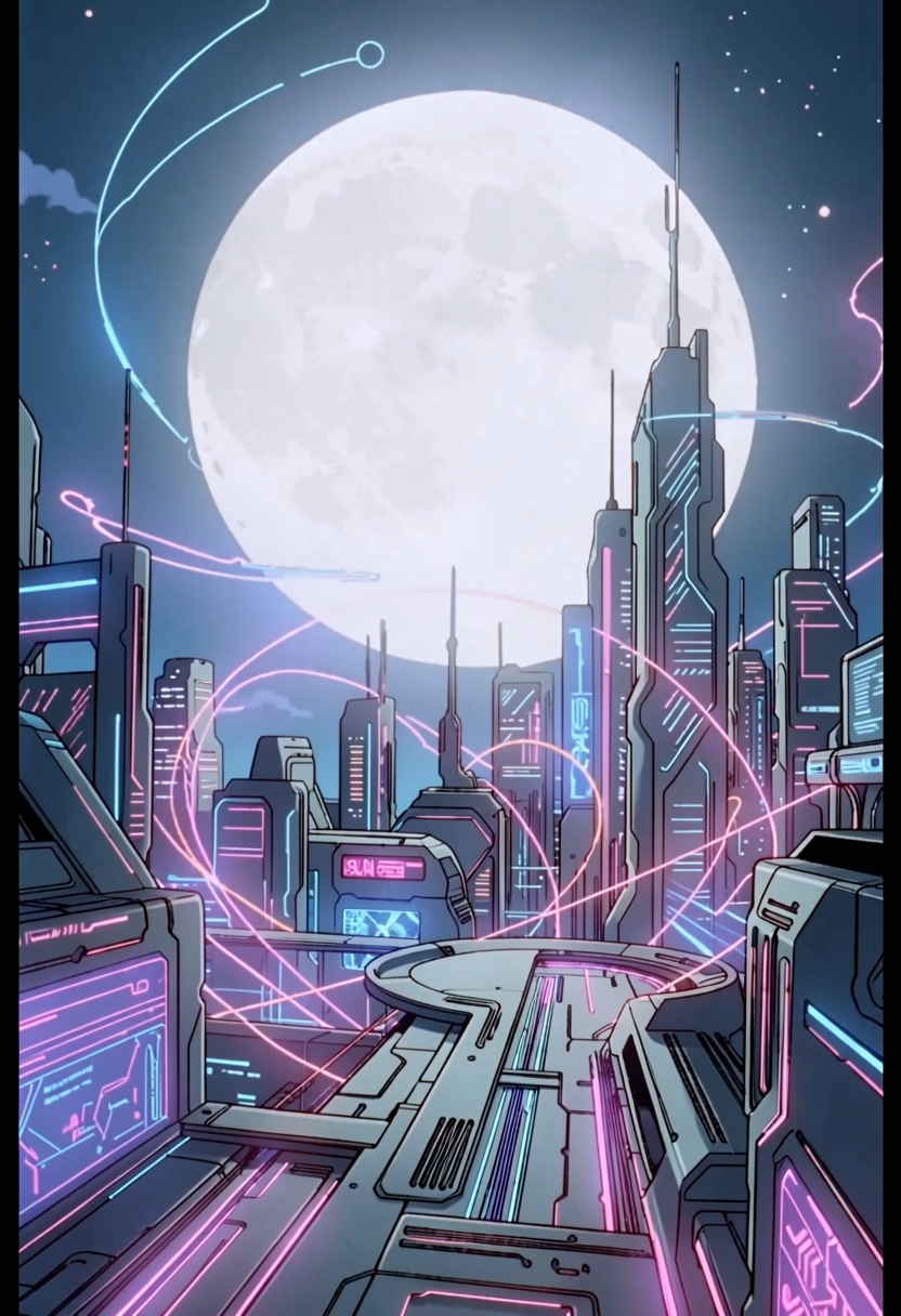 This is an illustration with a surreal,  futuristic energy. A cyberpunk depiction of a cityscape in front of a large full...