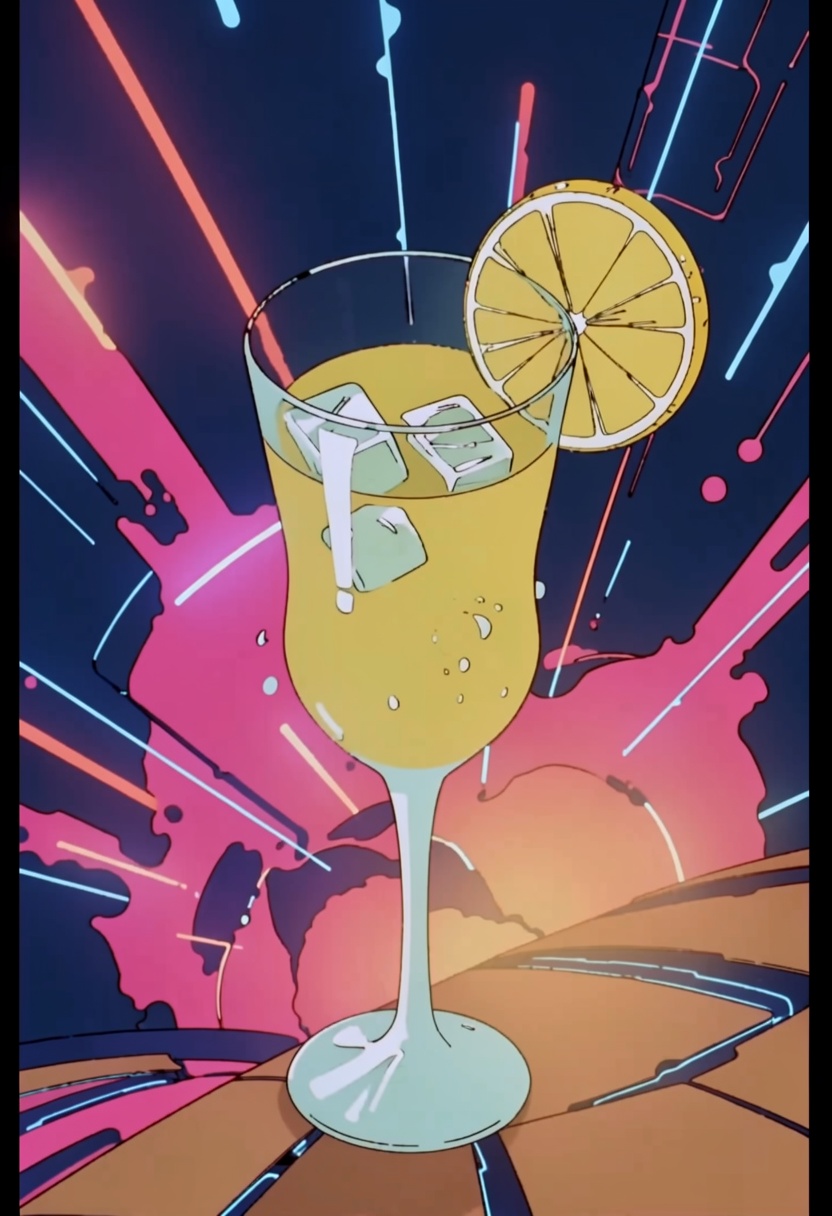 This is a safarieyes illustration with a surreal,  futuristic energy. A cocktail garnished with a slice of lemon and ice c...