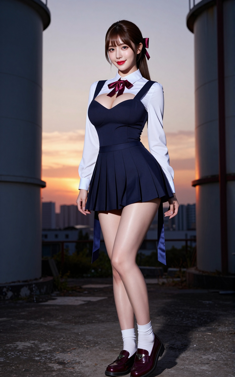 Image of a Korean woman: "A beautiful Korean woman boasting an hourglass figure,  round and voluptuous I-cup breasts,  all...