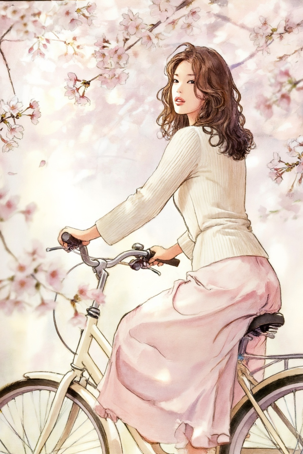 milomanara10z20 illustration.  
Low-angle medium shot of a young East Asian woman with wavy shoulder-length brown hair, looking back over her shoulder with a serene expression. She wears a cream-colored ribbed long-sleeve top and a light pink flowing skirt while seated on a cream-colored bicycle. The scene is set outdoors amidst blooming pink cherry blossoms, which frame the subject in soft focus in both the foreground and background. Soft, diffused sunlight filters through the dense floral canopy, creating a dreamy, high-key glow. The color palette is a harmony of soft pastels, primarily pinks and creams. The composition uses a shallow depth of field to emphasize the romantic, ethereal atmosphere of a spring day, capturing the woman in a moment of quiet grace.
