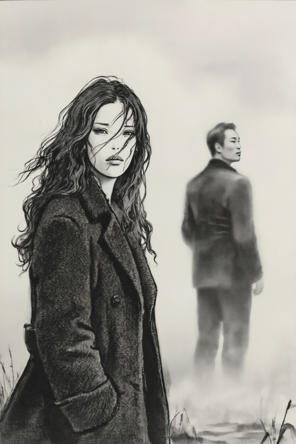 milomanara10z20 illustration.  
Black-and-white image of a woman in the foreground left and an East Asian man in the background right, against a minimalist, misty horizon. The woman looks directly at the camera with a steady, melancholic expression, her long, dark, wavy hair windswept across her face, partially obscuring her features. She wears a thick, dark-textured wool coat. Positioned behind her to the right, the man is rendered out of focus in a shallow depth of field, standing in profile and facing away. The setting is an ethereal, foggy outdoor environment with a pale, overcast sky. The composition creates a somber and intimate mood, emphasizing a sense of emotional distance between the two subjects.