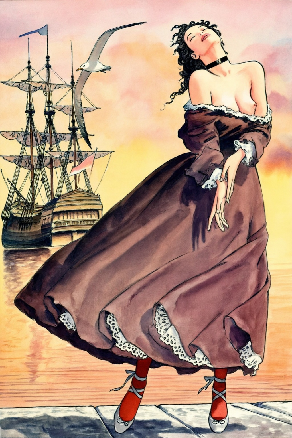 milomanara10z20 illustration.  
Woman with dark, curly hair tied back and a black choker stands on a dock, her body angled to the right, head tilted back, and eyes closed. She wears an off-the-shoulder brown dress with white lace trim, red stockings, and light grey ballet slippers tied at the ankles. Her arms are down with hands loosely clasped. In the background on the left, two large sailing ships with masts and sails are visible on the water, while a seagull flies across the warm-toned sky, suggesting a sunrise or sunset.