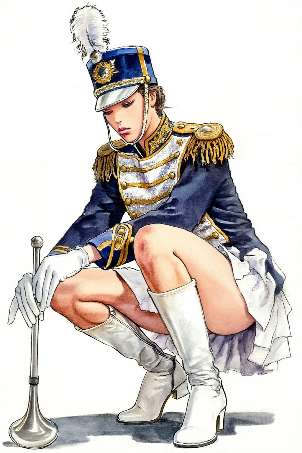 milomanara10z20 illustration.  
View from a slightly low-angle. Full-body close-up of a young woman with a stoic expression crouching in the center of the frame. She is dressed in an ornate marching band uniform consisting of a navy blue jacket embellished with intricate gold embroidery and white sequined panels, topped with gold-fringed epaulettes. Her lower attire includes a white ruffled mini skirt and knee-high white patent leather boots with block heels. Her hands, covered in white gloves, grip a slender silver baton resting on the floor. Atop her head sits a tall blue shako adorned with a massive white feather plume. The plain white background and bright, direct studio lighting accentuate the reflective metallic surfaces and soft feather textures, creating a sharp, high-fashion aesthetic with a formal, theatrical mood.