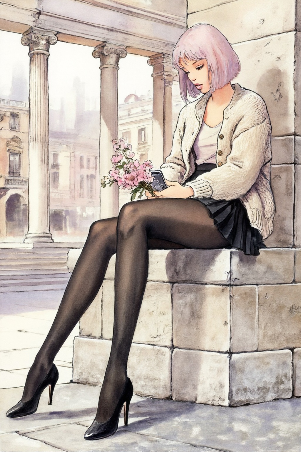 milomanara10z20 illustration.  
Full-body shot of a young woman shown in 3/4 view, with a soft expression and short, pastel pink bobbed hair. She is perched on a thick, beige stone ledge within a grand, classical colonnade. Her outfit features a chunky, cream-colored knit cardigan over a light-colored top, paired with a short, black pleated skirt, opaque black tights, and black high-heeled pumps. She holds a small, delicate bouquet of pink flowers and a smartphone in her lap. The background is a softly blurred urban square with historic architecture under a hazy sky. 