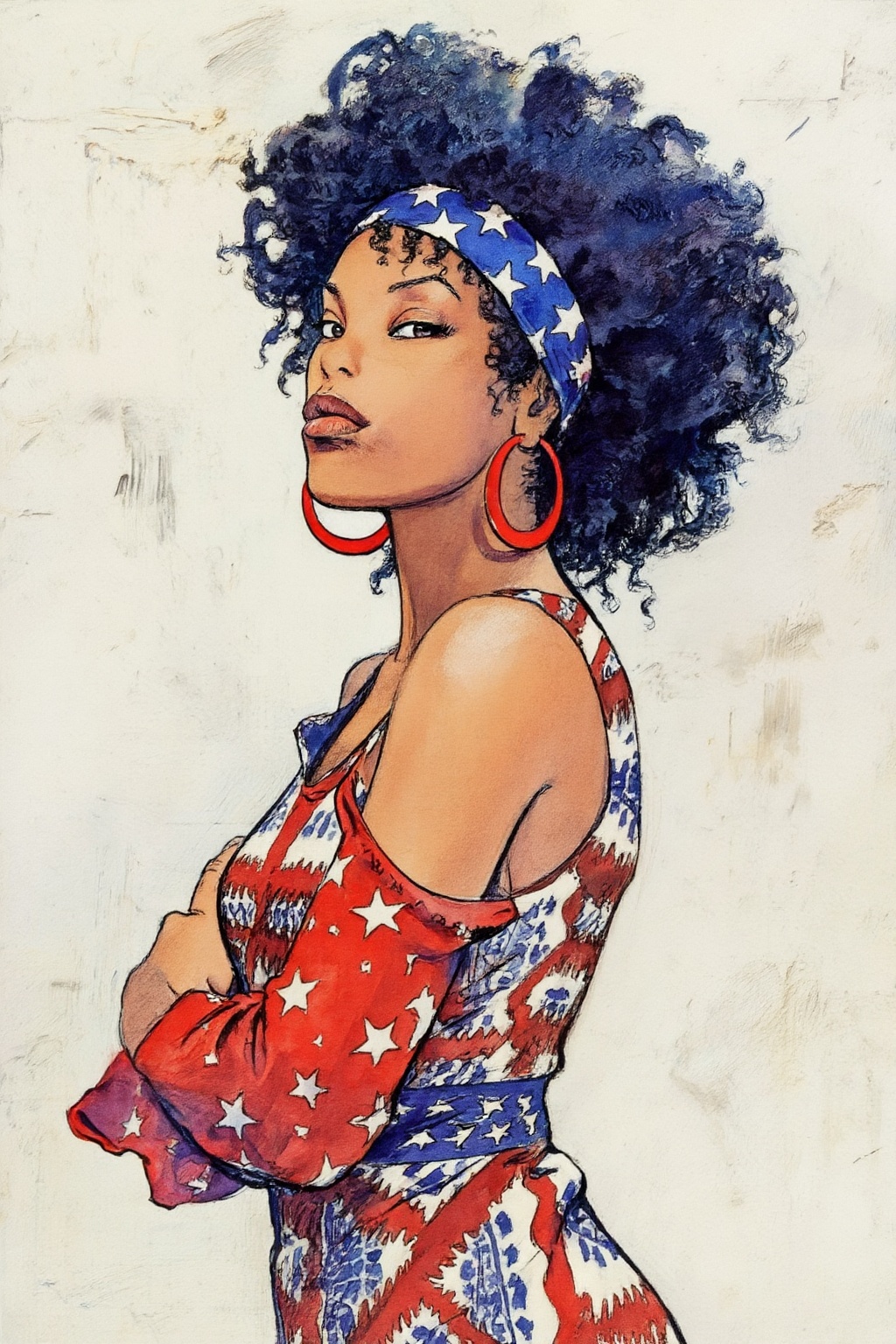 milomanara10z20 illustration.  
Profile shot of a confident young African American woman with a voluminous dark blue-toned afro She wears a blue headband adorned with white stars. She is looking at the viewer from the corner of her eyes with a proud and defiant expression, with her chin up. She wears large, vibrant red circular hoop earrings. Her attire consists of a red, white, and blue patterned dress; a bright red sleeve with white star-like patterns is visible as she stands with her arms crossed. The background is an off-white, textured surface with visible painterly marks. 