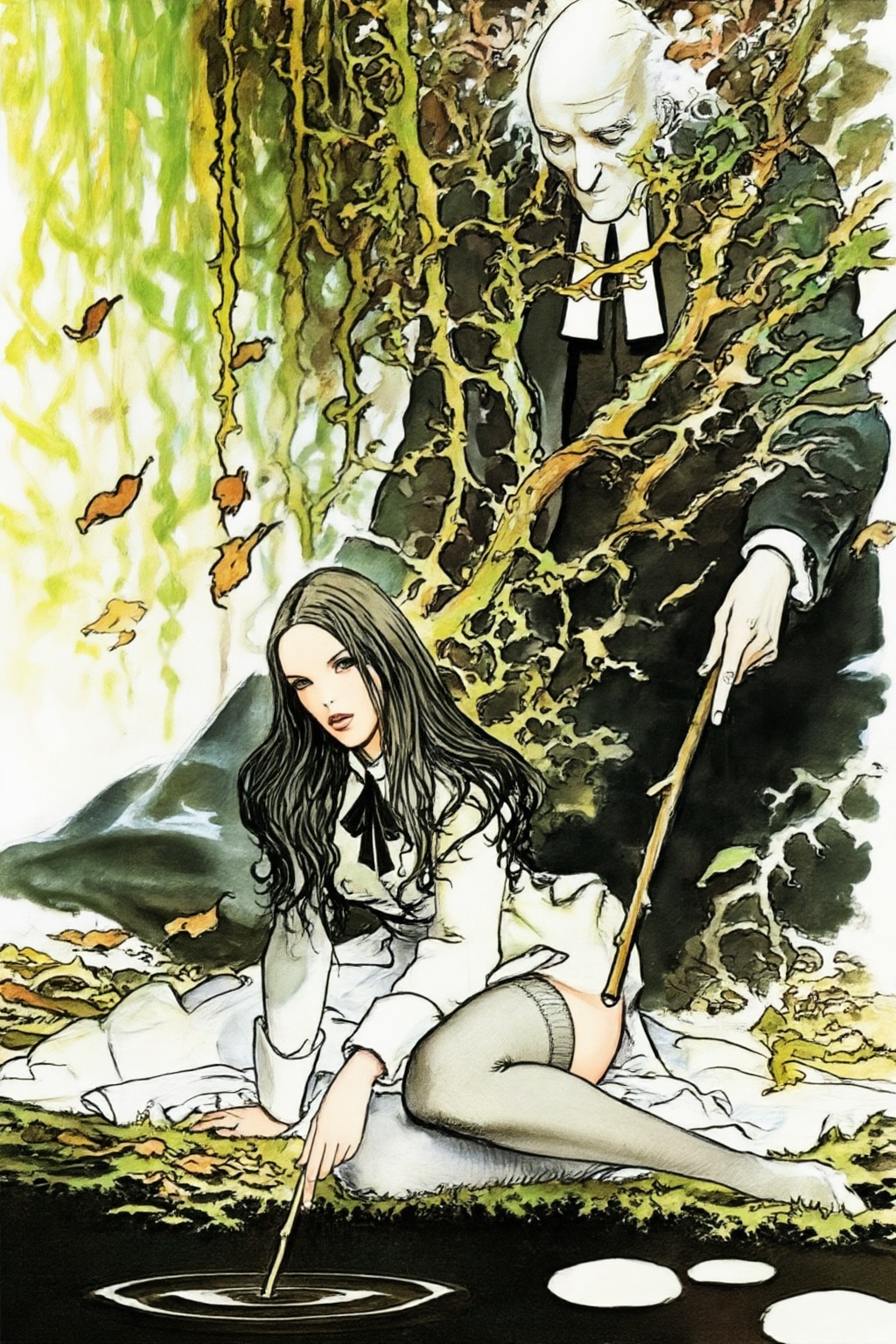 milomanara10z20 illustration.  
A woman with long, dark, flowing hair sits on the ground in the foreground, looking at the viewer. She wears a white dress with a black bow at the neck and grey thigh-high stockings, extending her right arm to dip a thin stick into a dark puddle, creating ripples. Behind her, an older, bald man in a dark suit with a white clerical collar looks down, largely obscured by dense, intertwining green and yellow foliage. He holds a stick in his right hand, reaching towards the woman. The scene is filled with twisted vines and scattered brown leaves on the dark ground, with bright light illuminating the setting from the left.
