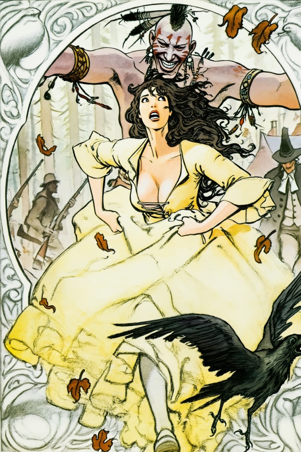 milomanara10z20 illustration.  
A dark-haired woman, with her long, wavy hair flowing, runs in the foreground, looking up with a wide-eyed expression of fear, her mouth open. She wears a yellow, low-cut dress with puffed sleeves and a laced bodice, her hands clutching at her billowy skirt. Behind her, a menacing Native American man with red markings on his face, a dark mohawk, and elaborate armbands and necklaces grins widely, his arms spread as he looms over her. To the right of the woman's feet, a large black crow with spread wings appears to be flying away. In the background, to the left, are silhouetted figures of men with rifles in a wooded area, while to the right, a colonial man in a dark pilgrim's hat and coat stands near buildings. Brown fallen leaves are scattered across the scene, which is framed by an ornate, light-colored border.