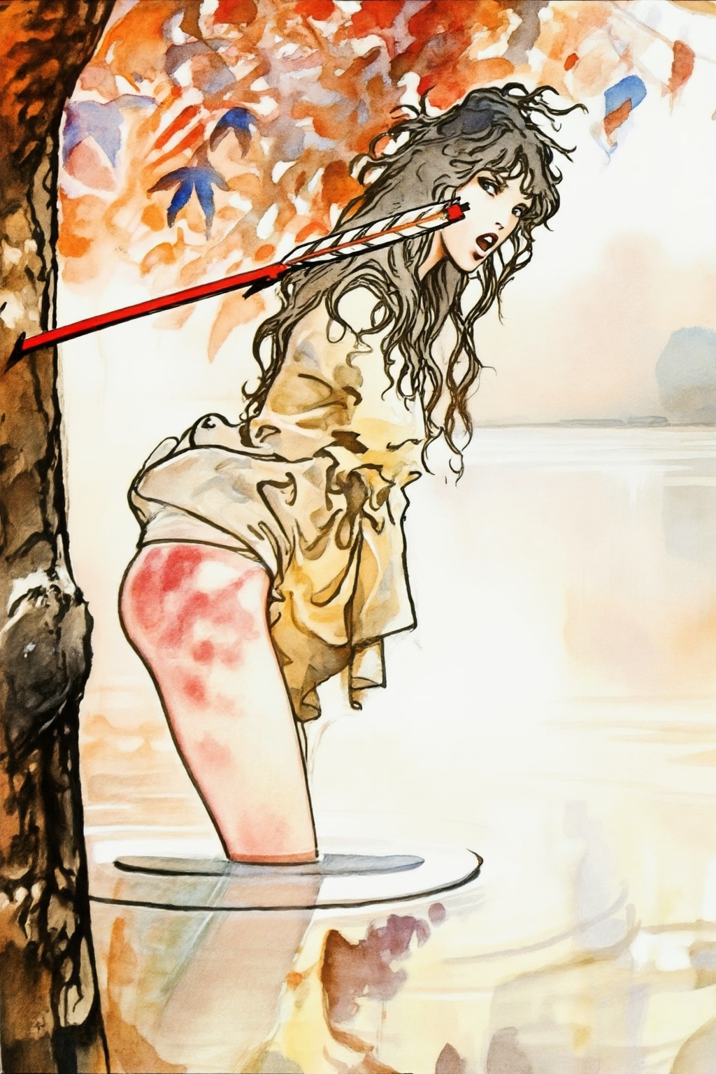 milomanara10z20 illustration.  
A woman with long, messy dark hair and is leaning forward, her body partially submerged in water.  She is turning her head to look at the viewer with a surprised expression.  She wears a flowing, light-colored garment that appears wet, with reddish marks visible on her right upper thigh. An arrow with a red shaft and white fletching visibly pierces a dark tree trunk on the left foreground.  The background features abstract watercolor-like autumnal leaves in shades of orange, red, and blue, transitioning to a light, hazy distant view. The scene is lit brightly from above.