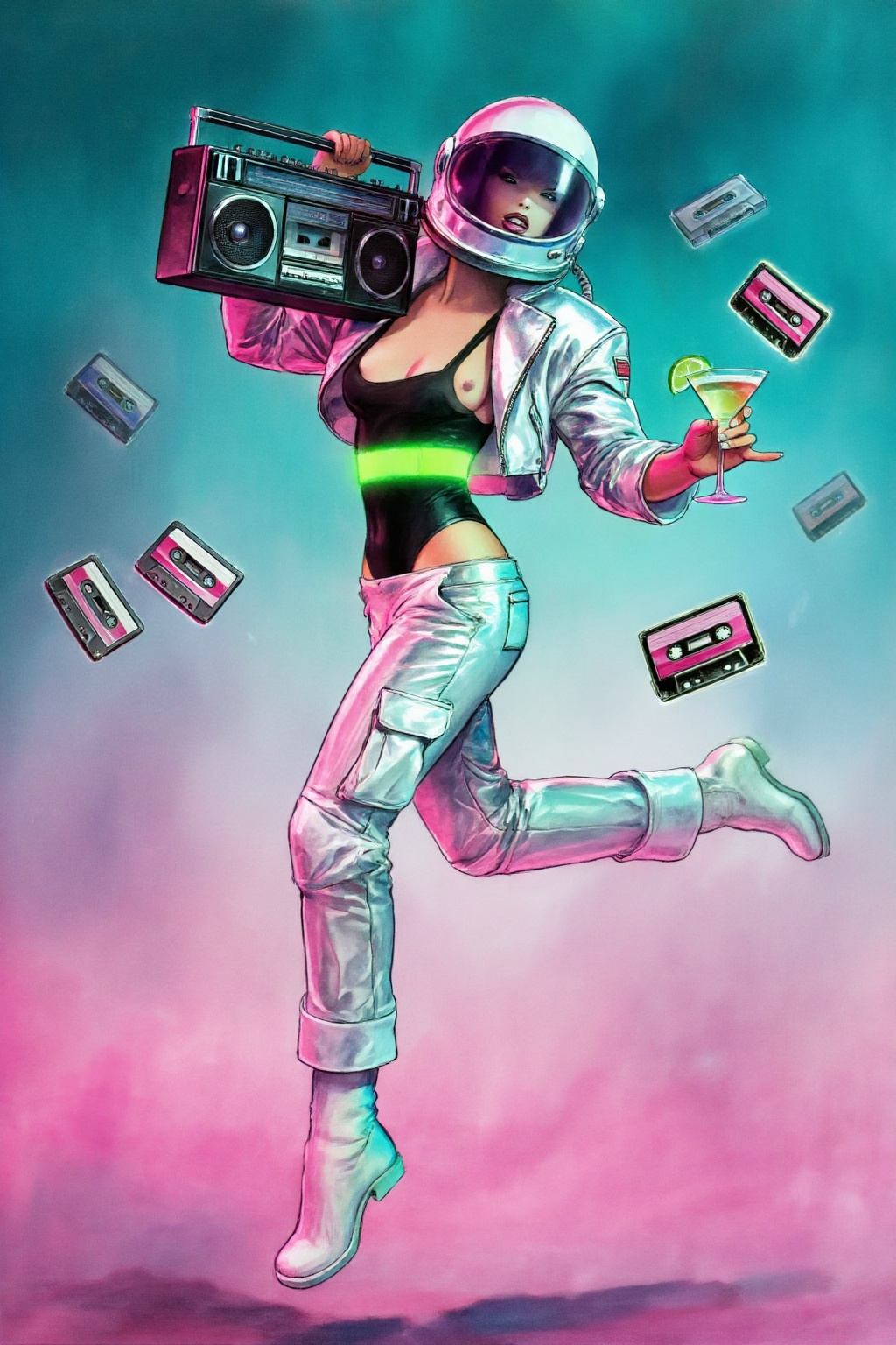 milomanara10z20 illustration.  
Low-angle, full-body shot of a woman, shown in 3/4 view, hopping in mid-air against and turning her head to face the viewer, against a hazy gradient background. She wears a white astronaut helmet with a dark visor, a cropped white metallic jacket, a black bodysuit featuring a glowing neon green waistband, and white metallic cargo pants tucked into white boots. She holds a large black vintage boombox on her right shoulder and a cocktail glass garnished with a lime wedge in their left hand. Several cassette tapes float weightlessly around the main subject. The background transitions from deep teal at the top to a misty magenta at the bottom. Striking neon pink and teal rim lighting creates high-contrast reflections across the shiny surfaces of the outfit and gear. This retro-futuristic composition possesses a dynamic energy and a synthwave-inspired aesthetic, blending sci-fi elements with 1980s party culture.