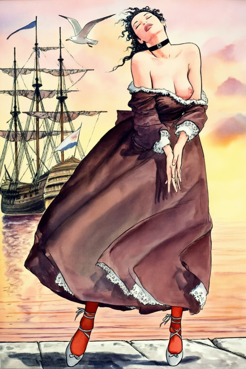 milomanara10z15 illustration.  
Woman with dark, curly hair tied back and a black choker stands on a dock, her body angled to the right, head tilted back, and eyes closed. She wears an off-the-shoulder brown dress with white lace trim, red stockings, and light grey ballet slippers tied at the ankles. Her arms are down with hands loosely clasped. In the background on the left, two large sailing ships with masts and sails are visible on the water, while a seagull flies across the warm-toned sky, suggesting a sunrise or sunset.