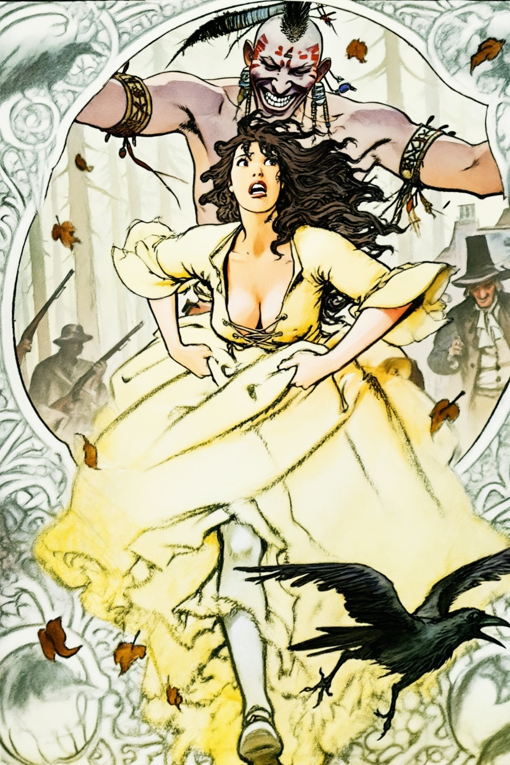 milomanara10z15 illustration.  
A dark-haired woman, with her long, wavy hair flowing, runs in the foreground, looking up with a wide-eyed expression of fear, her mouth open. She wears a yellow, low-cut dress with puffed sleeves and a laced bodice, her hands clutching at her billowy skirt. Behind her, a menacing Native American man with red markings on his face, a dark mohawk, and elaborate armbands and necklaces grins widely, his arms spread as he looms over her. To the right of the woman's feet, a large black crow with spread wings appears to be flying away. In the background, to the left, are silhouetted figures of men with rifles in a wooded area, while to the right, a colonial man in a dark pilgrim's hat and coat stands near buildings. Brown fallen leaves are scattered across the scene, which is framed by an ornate, light-colored border.