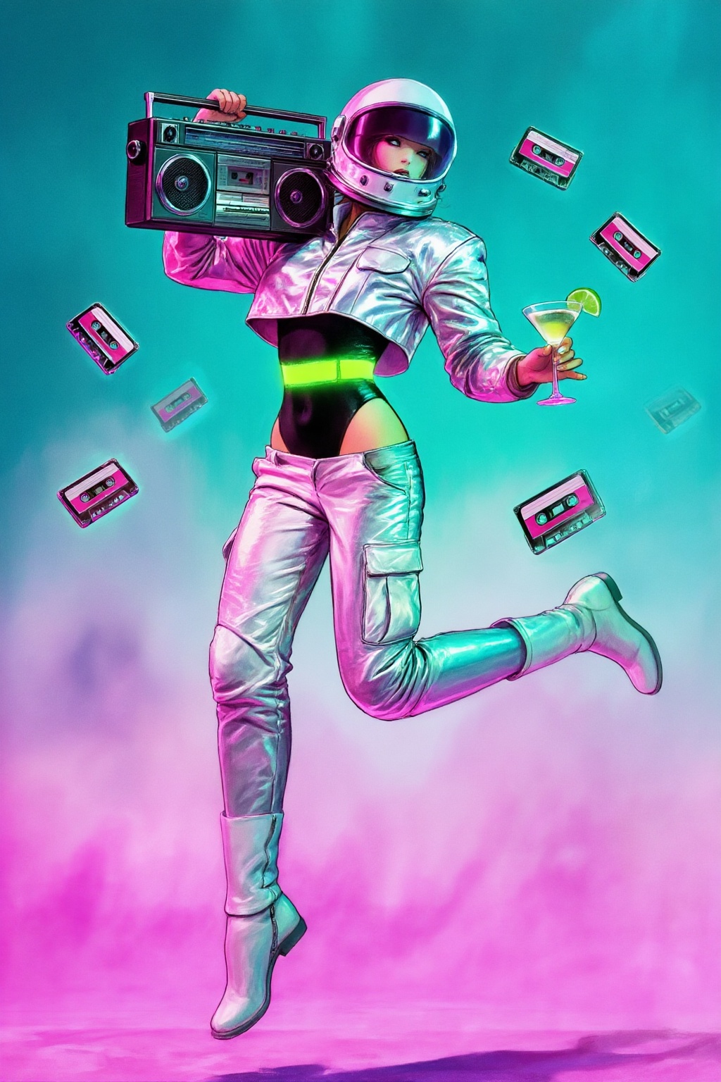 milomanara10z15 illustration.  
Low-angle, full-body shot of a woman, shown in 3/4 view, hopping in mid-air against and turning her head to face the viewer, against a hazy gradient background. She wears a white astronaut helmet with a dark visor, a cropped white metallic jacket, a black bodysuit featuring a glowing neon green waistband, and white metallic cargo pants tucked into white boots. She holds a large black vintage boombox on her right shoulder and a cocktail glass garnished with a lime wedge in their left hand. Several cassette tapes float weightlessly around the main subject. The background transitions from deep teal at the top to a misty magenta at the bottom. Striking neon pink and teal rim lighting creates high-contrast reflections across the shiny surfaces of the outfit and gear. This retro-futuristic composition possesses a dynamic energy and a synthwave-inspired aesthetic, blending sci-fi elements with 1980s party culture.
