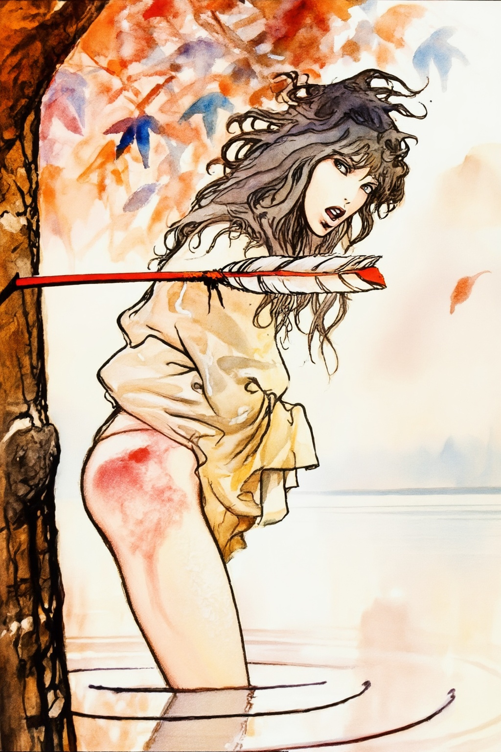 milomanara10z15 illustration.  
A woman with long, messy dark hair and is leaning forward, her body partially submerged in water.  She is turning her head to look at the viewer with a surprised expression.  She wears a flowing, light-colored garment that appears wet, with reddish marks visible on her right upper thigh. An arrow with a red shaft and white fletching visibly pierces a dark tree trunk on the left foreground.  The background features abstract watercolor-like autumnal leaves in shades of orange, red, and blue, transitioning to a light, hazy distant view. The scene is lit brightly from above.