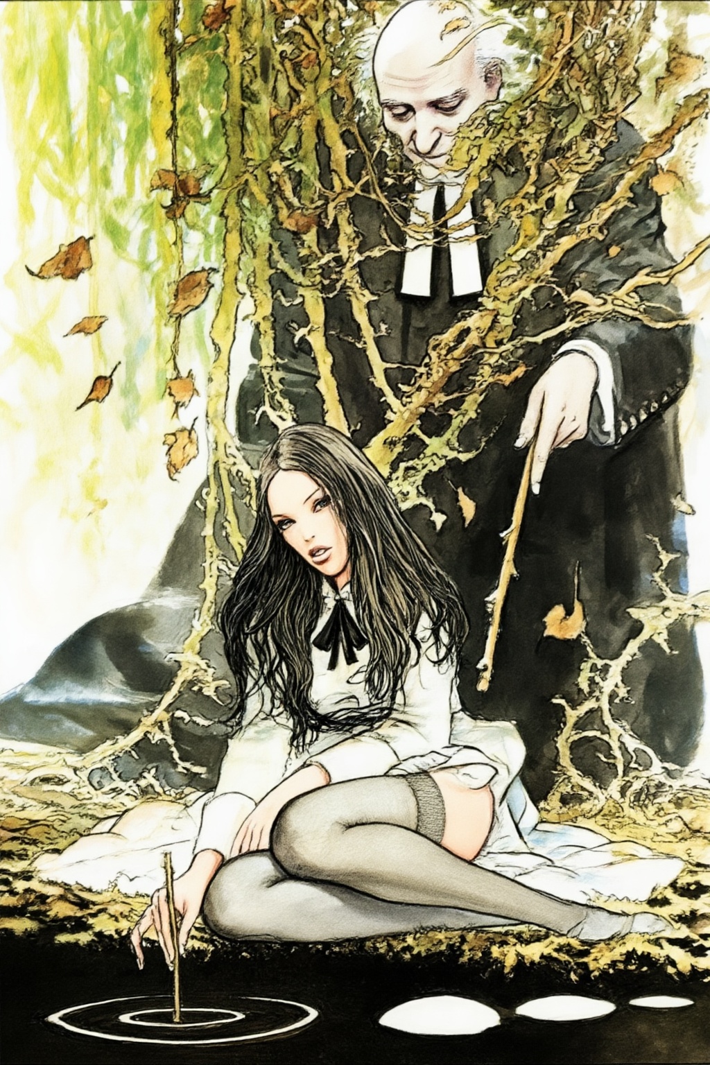 milomanara10z15 illustration.  
A woman with long, dark, flowing hair sits on the ground in the foreground, looking at the viewer. She wears a white dress with a black bow at the neck and grey thigh-high stockings, extending her right arm to dip a thin stick into a dark puddle, creating ripples. Behind her, an older, bald man in a dark suit with a white clerical collar looks down, largely obscured by dense, intertwining green and yellow foliage. He holds a stick in his right hand, reaching towards the woman. The scene is filled with twisted vines and scattered brown leaves on the dark ground, with bright light illuminating the setting from the left.