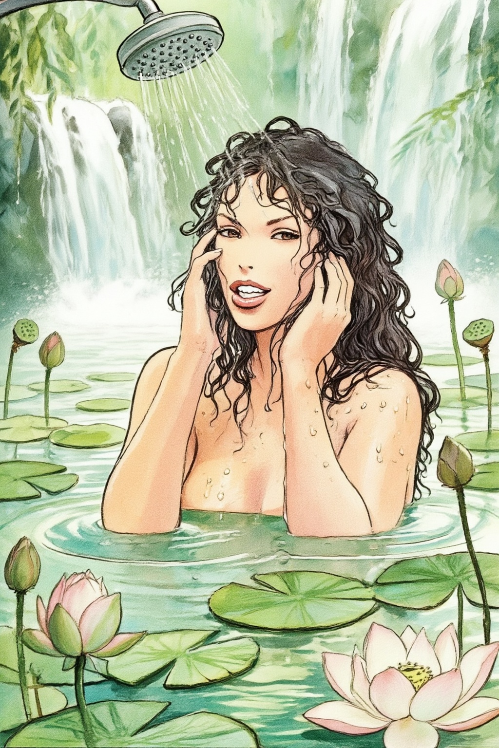 milomanara10z15 illustration.  
View from a slightly high angle. A woman stands in a pond under a shower head, touching her wet, dark, wavy hair with her hands near her face. She looks at the viewer with a slight smile and parted lips. Water droplets are visible on her skin. The pond is filled with numerous green lily pads and several lotus flowers, some in bud and some open, floating on the surface. In the background, multiple waterfalls cascade into the pond.