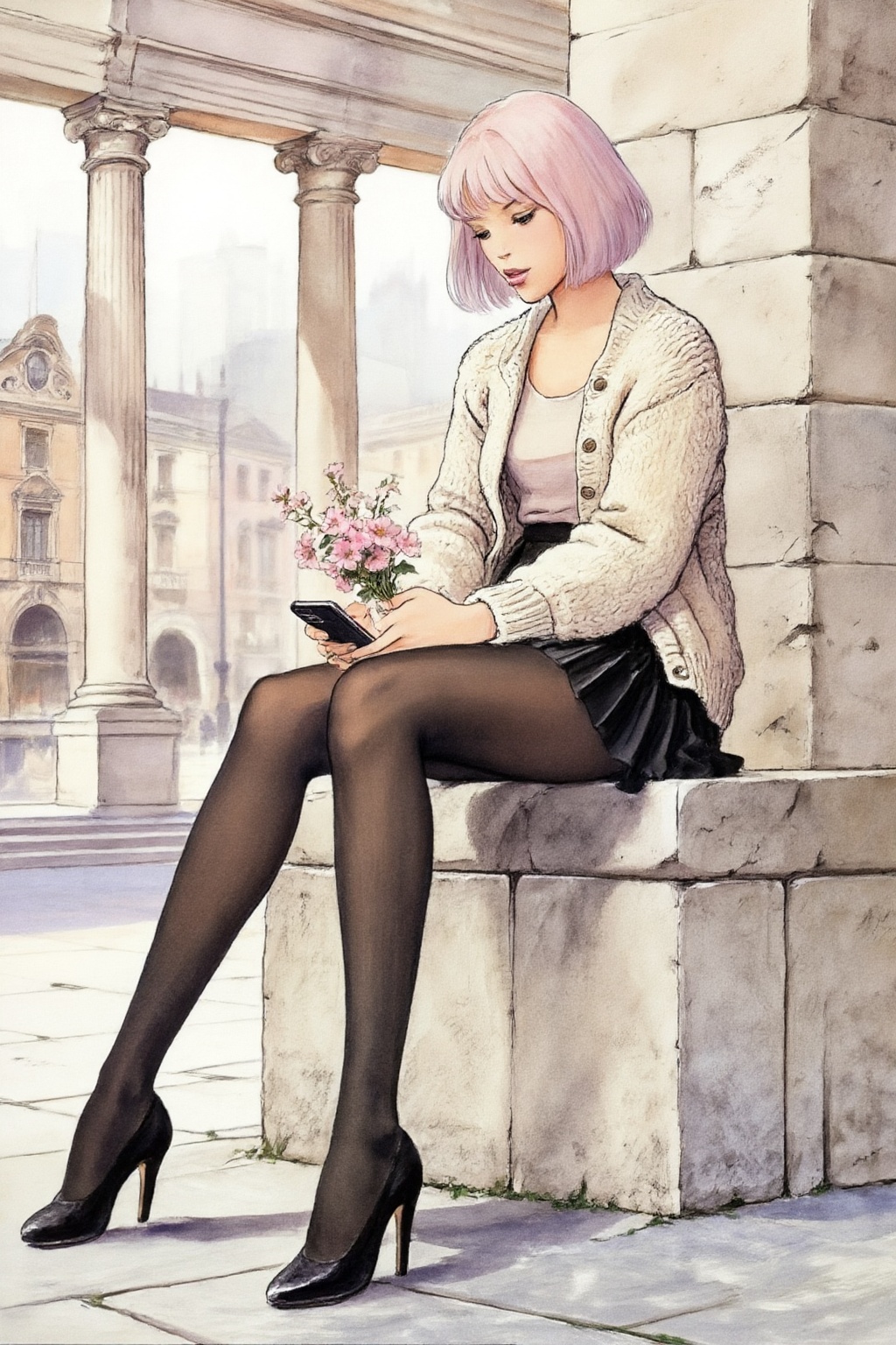 milomanara10z15 illustration.  
Full-body shot of a young woman shown in 3/4 view, with a soft expression and short, pastel pink bobbed hair. She is perched on a thick, beige stone ledge within a grand, classical colonnade. Her outfit features a chunky, cream-colored knit cardigan over a light-colored top, paired with a short, black pleated skirt, opaque black tights, and black high-heeled pumps. She holds a small, delicate bouquet of pink flowers and a smartphone in her lap. The background is a softly blurred urban square with historic architecture under a hazy sky. 
