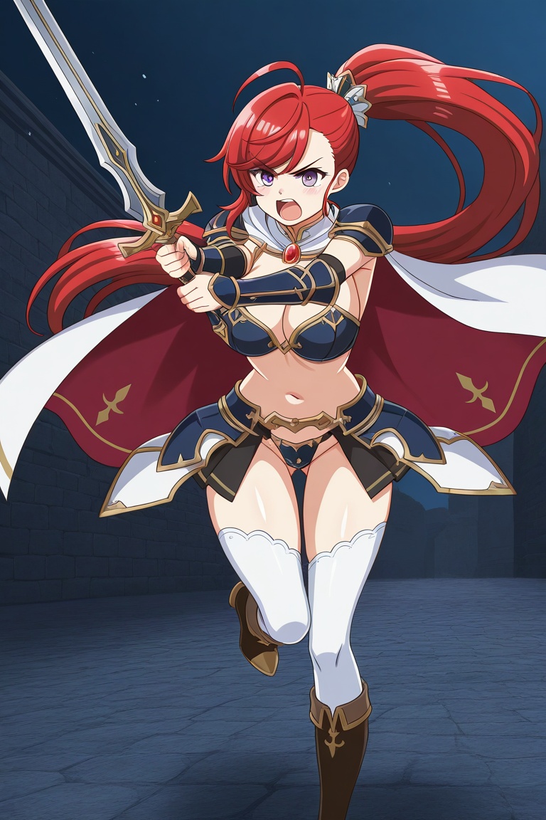 rubyfranthorp, 1girl, solo, red hair, long hair, ponytail, ahoge, swept bangs, asymmetrical bangs, hair ornament, light purple eyes, large breasts, red cape, white cape, two-sided cape, red brooch, jewelry, blue pauldrons, vambraces, grey bikini armor, navel, black showgirl skirt, grey faulds, blue crotch plate, black panties, white thighhighs, brown knee boots, high heels, sword, holding sword, two-handed, open mouth, angry, shouting, running, dynamic pose, 