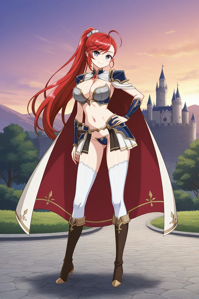 rubyfranthorp, 1girl, solo, red hair, long hair, ponytail, ahoge, swept bangs, asymmetrical bangs, hair ornament, light purple eyes, large breasts, red cape, white cape, two-sided cape, red brooch, jewelry, blue pauldrons, vambraces, grey bikini armor, navel, black showgirl skirt, grey faulds, blue crotch plate, black panties, white thighhighs, brown knee boots, high heels, hand on own hip, contrapposto, smile, facing viewer, outdoors, castle, full body, standing,
