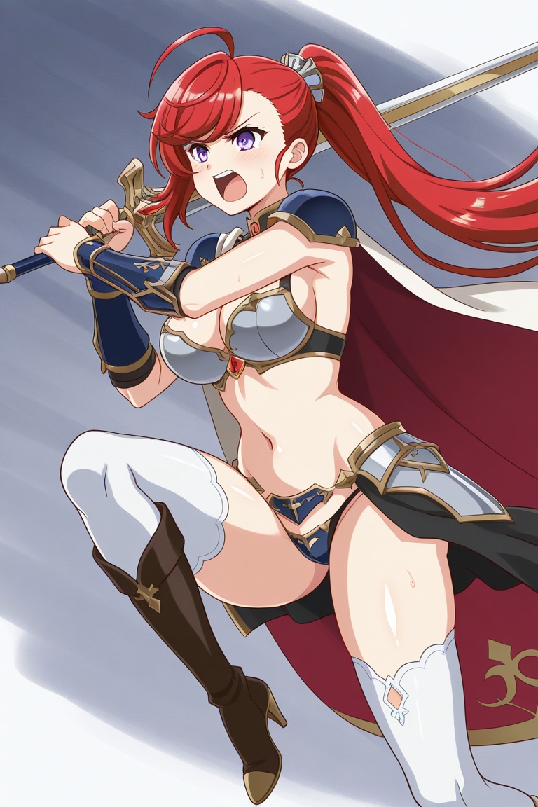 rubyfranthorp, 1girl, solo, red hair, long hair, ponytail, ahoge, swept bangs, asymmetrical bangs, hair ornament, light purple eyes, large breasts, red cape, white cape, two-sided cape, red brooch, jewelry, blue pauldrons, vambraces, grey bikini armor, navel, black showgirl skirt, grey faulds, blue crotch plate, black panties, white thighhighs, brown knee boots, high heels, sword, holding sword, two-handed, open mouth, angry, shouting, running, dynamic pose, 