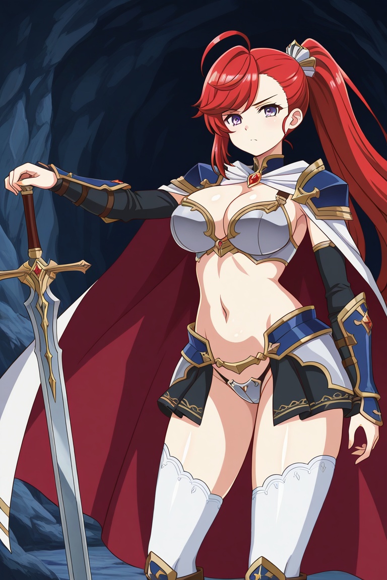 rubyfranthorp, 1girl, solo, red hair, long hair, ponytail, ahoge, swept bangs, asymmetrical bangs, hair ornament, light purple eyes, large breasts, red cape, white cape, two-sided cape, red brooch, jewelry, blue pauldrons, vambraces, grey bikini armor, navel, black showgirl skirt, grey faulds, blue crotch plate, black panties, white thighhighs, brown knee boots, cowboy shot, sword, holding sword, serious, standing, looking at viewer, cave interior,