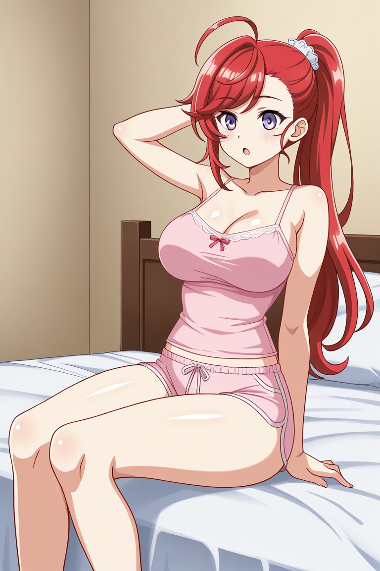 rubyfranthorp, 1girl, solo, red hair, long hair, ponytail, ahoge, swept bangs, asymmetrical bangs, hair ornament, light purple eyes, large breasts, pink camisole, pink shorts, sitting, on bed, hand behind head, open mouth, :o