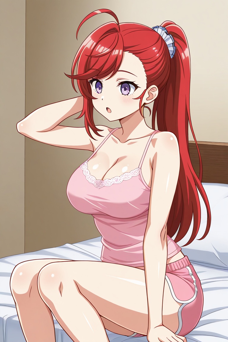 rubyfranthorp, 1girl, solo, red hair, long hair, ponytail, ahoge, swept bangs, asymmetrical bangs, hair ornament, light purple eyes, large breasts, pink camisole, pink shorts, sitting, on bed, hand behind head, open mouth, :o