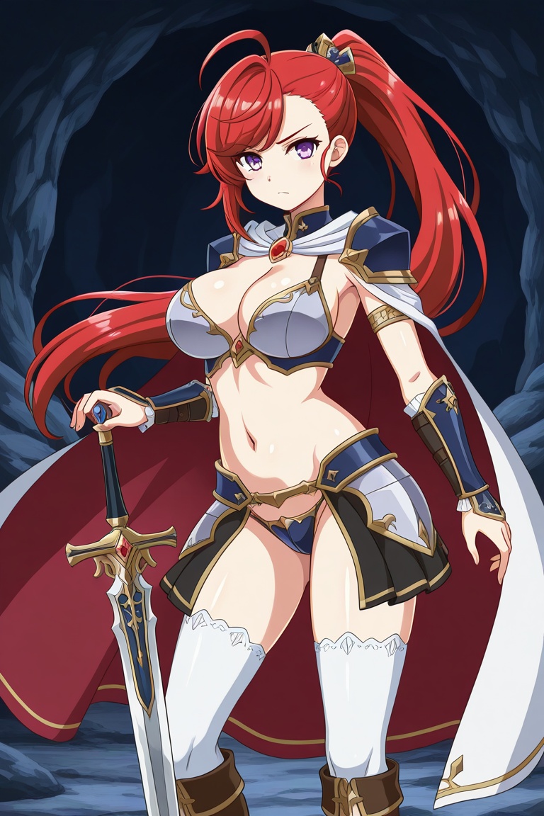rubyfranthorp, 1girl, solo, red hair, long hair, ponytail, ahoge, swept bangs, asymmetrical bangs, hair ornament, light purple eyes, large breasts, red cape, white cape, two-sided cape, red brooch, jewelry, blue pauldrons, vambraces, grey bikini armor, navel, black showgirl skirt, grey faulds, blue crotch plate, black panties, white thighhighs, brown knee boots, cowboy shot, sword, holding sword, serious, standing, looking at viewer, cave interior,
