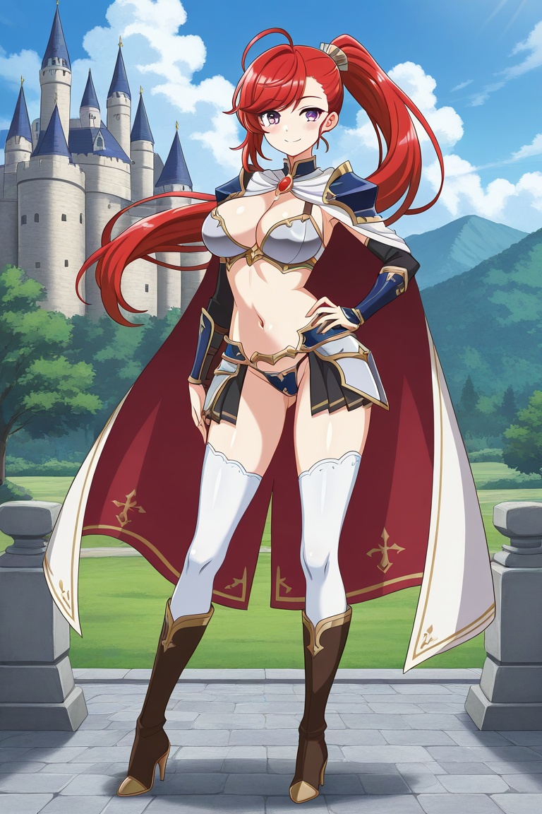 rubyfranthorp, 1girl, solo, red hair, long hair, ponytail, ahoge, swept bangs, asymmetrical bangs, hair ornament, light purple eyes, large breasts, red cape, white cape, two-sided cape, red brooch, jewelry, blue pauldrons, vambraces, grey bikini armor, navel, black showgirl skirt, grey faulds, blue crotch plate, black panties, white thighhighs, brown knee boots, high heels, hand on own hip, contrapposto, smile, facing viewer, outdoors, castle, full body, standing,