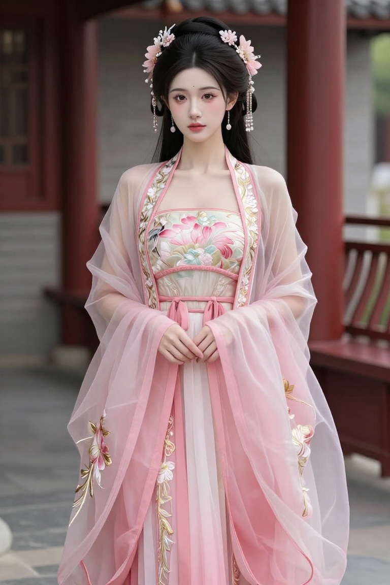 Create an image that depicts a person dressed in traditional hanfu attire,  standing in an outdoor setting. The individual...