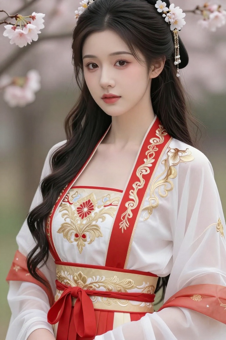 a close-up shot of a Asian woman in a white and red hanfu adorned with gold embroidery and a red sash tied around her wais...