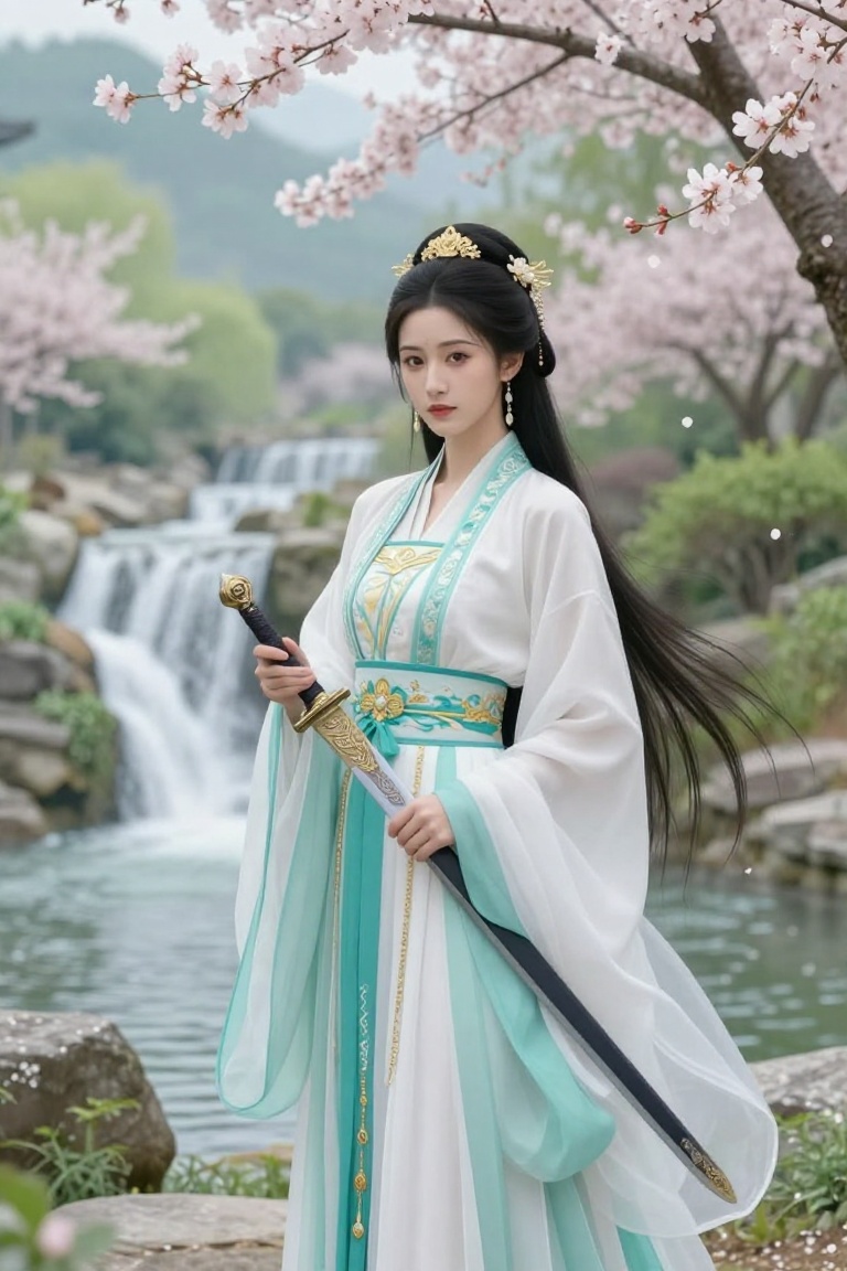 Create an image that depicts a serene and beautifully illustrated scene. In the foreground,  a woman stands gracefully,  d...