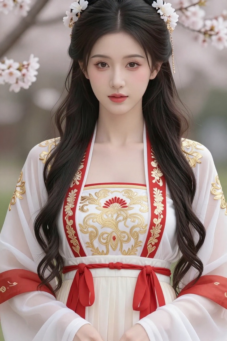 a close-up shot of a Asian woman in a white and red hanfu adorned with gold embroidery and a red sash tied around her wais...